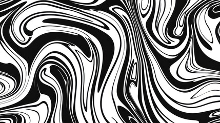 A black and white 2D contour showcases waves, swirls, and twisted patterns in a trendy retro psychedelic style, producing a twisted and distorted flat texture. This simple monochrome image represents 