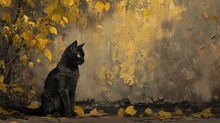  A Painting Of A Black Cat Sitting In Front Of A Tree With Yellow Leaves In Front Of A Gray Wall With Yellow Leaves On The Ground And Yellow Leaves On The Ground.