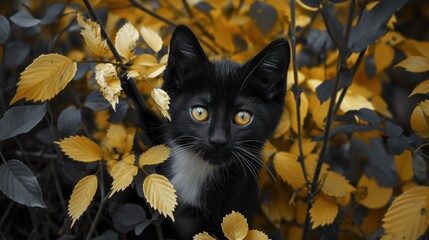 Poster -  a black and white cat sitting in a bush with yellow leaves on it's sides and a black and white cat with blue eyes looking directly into the camera.