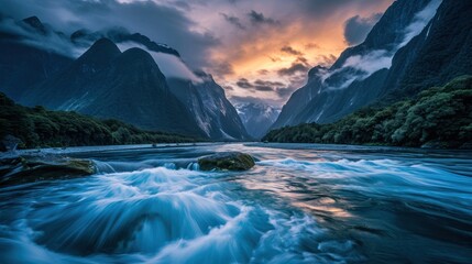 Poster -  a river flowing through a lush green forest under a cloudy sky with a mountain range in the background and a river running through the center of the river with rapids.