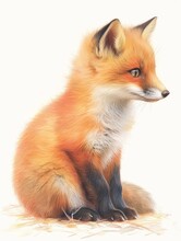 Colored Pencil Illustration Featuring A Lovable A Fox, With A White Background For Isolation.