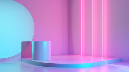 Wall Mural - podium platform in neon lighting in minimalist style, empty room vertical stripes