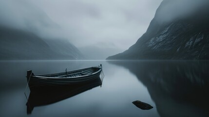 Wall Mural -  a boat sitting in the middle of a lake on a foggy day with a rock in the foreground and a rock in the middle of the water in the foreground.