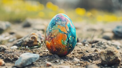 a painted egg sitting on top of a pile of dirt next to a field of grass and yellow flowers on a sunn