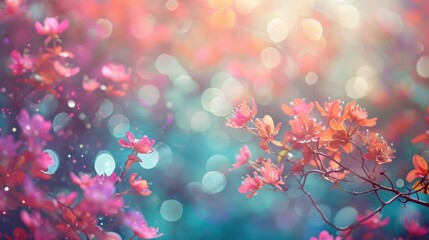 Canvas Print -  a blurry photo of a tree with pink flowers in the foreground and a blurry background of blue, red, and pink flowers in the foreground.