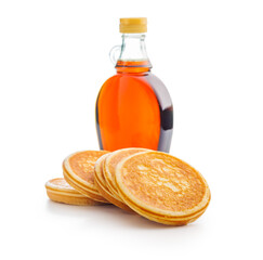 Wall Mural - Pancakes and maple syrup in bottle isolated on white backgorund.