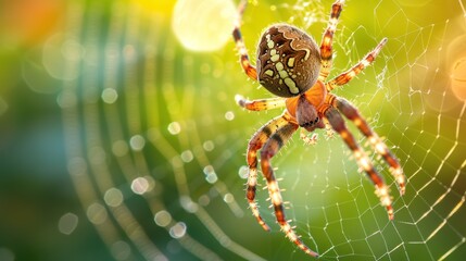 Wall Mural -  a close up of a spider on it's web in the middle of a blurry image of the spider's web in the center of the web.