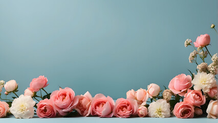 pink and white roses on blue background with copy space for text.