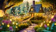 magical garden with rural fairy house