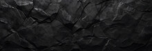 Wide Black Stone Background Banner Wallpaper Design. Dark Rock Grunge Texture. Mountain Surface Close-up Cracked Empty Copy Space