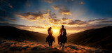 Fototapeta Konie - A romantic scene of a man and woman riding on horseback, their hair blowing in the wind as they traverse a rugged mountain trail at sunset.