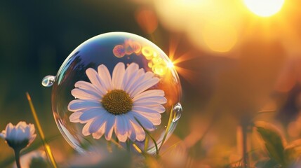 Wall Mural -  a close up of a bubble with a flower in it and the sun shining through the bubbles of the bubble and the flower in the foreground is a blurry background.
