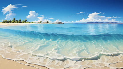 Wall Mural - Sandy beach with light blue transparent water waves and sunlight, tranquil aerial beach scene
