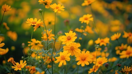 Canvas Print -  a bunch of yellow flowers that are blooming in a field with green grass and yellow flowers in the foreground, with a blurry background of green grass and yellow flowers in the foreground.