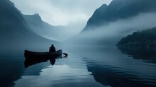  A Person Sitting In A Canoe In The Middle Of A Body Of Water With Mountains In The Background And Fog In The Air, With A Person In The Foreground.