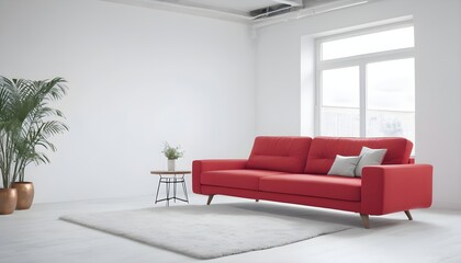 modern living room with red sofa, white cushions on it