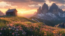  A Small Cabin Sitting On Top Of A Grass Covered Hill Next To A Field Of Wildflowers And A Mountain Covered With Snow Capped Mountains In The Background At Sunset.