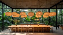  A Dining Room With A Large Wooden Table Surrounded By Lots Of Plants And Hanging Lights Over The Dining Room Table Is A Set Of Chairs And A Table With A.
