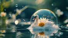  A Close Up Of A Water Ball With A Daisy In It And A Duck In The Middle Of The Water With Bubbles Around It And A Daisy In The Middle Of The Water.