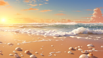 Wall Mural - Sandy beach with light blue transparent water waves and sunlight, tranquil aerial beach scene