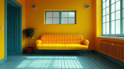 Wall Mural - AI generated illustration of a brightly lit, empty room showcasing a stylish sofa