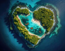 Aerial View Of Caribbean Island In The Shape Of A Heart. Love Holiday Concept. Generative AI.