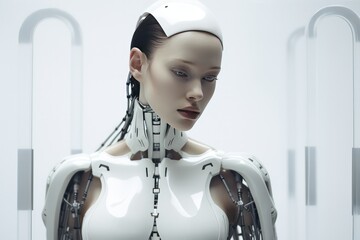 half woman half robot. Cyborg  in white sterile space of scientific lab. AI and technology concept banner with copy space.