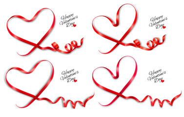 Leinwandbilder - Set of gift cards with red ribbons shaped hearts. Valentine's day holiday card. Vector illustration.