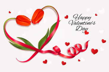 Fototapete - Happy Valentine's Day beautiful background with red tulips curved in the shape of a heart and a red heart-shaped ribbon. Vector.
