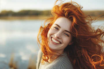 Poster - Happy redhead woman with tousled hair by lake