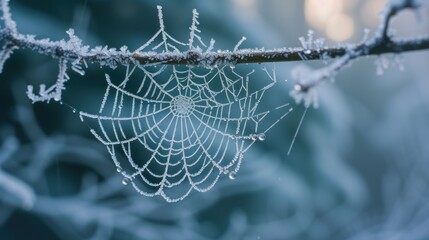 Poster -  a close up of a spider web on a tree branch with snow on the top and the bottom of the spider web in the middle of the web on the branch.