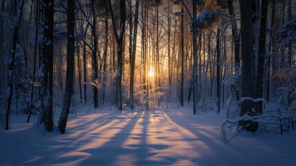 Poster -  the sun shines through the trees in a snowy forest with snow on the ground and on the ground is a path through the trees with snow on the ground.