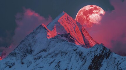 Sticker -  a very tall mountain covered in snow under a pink sky with a full moon in the middle of the sky and a red moon in the middle of the top of the mountain.