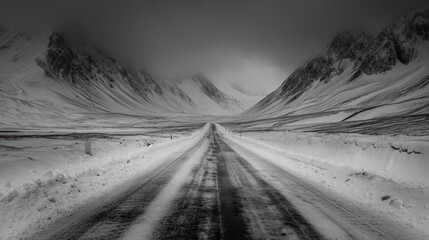 Poster -  a black and white photo of a road in the middle of a mountain range with snow on the sides of the road and a mountain in the distance is a cloudy sky.