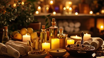 Poster -  a table topped with lots of candles and bottles filled with different types of candles and bottles filled with different types of candles and bottles filled with different types of candles.