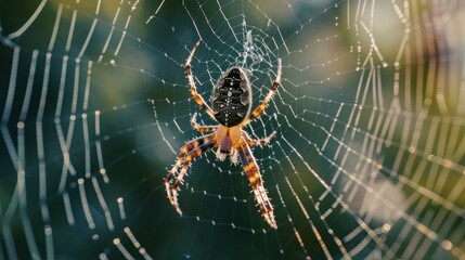 Wall Mural -  a close up of a spider on it's web with drops of water on it's back and a blurry background of trees and bushes in the background.