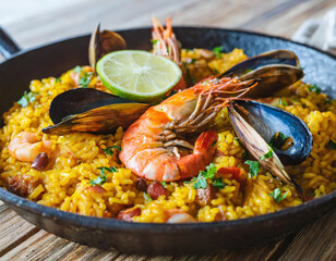 Wall Mural - A plate of paella, the savory scent of saffron-infused rice, mingling with a medley of seafood and meats. Each bite captures the essence of Spanish culinary excellence.