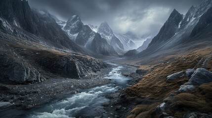 Wall Mural -  a river running through a mountain valley under a cloudy sky with a mountain range in the background and a stream running through the valley in the middle of the foreground.