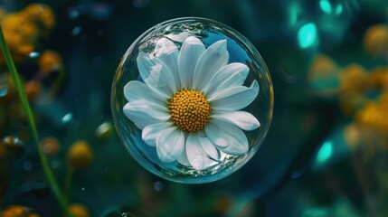 Wall Mural -  a close up of a white flower inside of a glass ball with water droplets on the bottom and a yellow and white flower in the middle of the glass ball.