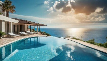 Wall Mural - swimming pool outside hotel against beautiful sea view