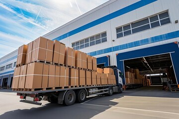 Wall Mural - Optimizing delivery with boxes packed and loaded onto a large truck outside a warehouse Symbolizing efficiency and logistics