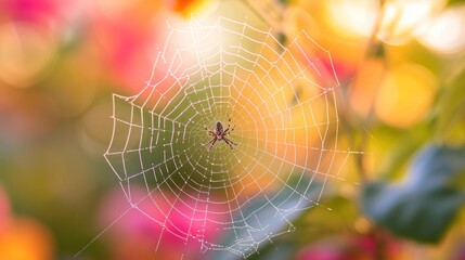 Wall Mural -  a spider sits in the center of a web in front of a blurry background of pink, yellow, and green flowers in the center of a blurry image.