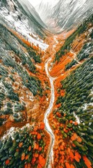 Poster -  an aerial view of a stream in the middle of a snow covered mountain range with orange and green trees in the foreground and a white stream in the middle of the foreground.