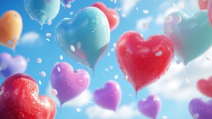 Poster -  a bunch of heart shaped balloons floating in the air with drops of water on the balloons and a blue sky with white clouds and blue sky in the back ground.