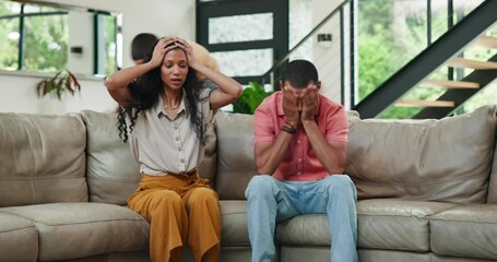 Canvas Print - Family, parents and playful kids on sofa with stress, energy and mental health fatigue in home. Mom, tired dad and busy children playing on couch with patience, challenge and anxiety in living room.