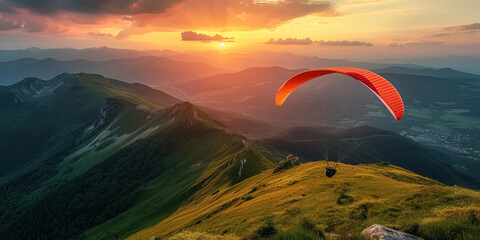 Single paraglider on an orange paragliding flies over green mountains and beautiful landscapes at sunset