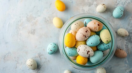 Sticker -  a glass bowl filled with colored eggs on top of a blue counter top next to small speckled eggs on the side of the bowl are speckled with speckled brown and white speckles.