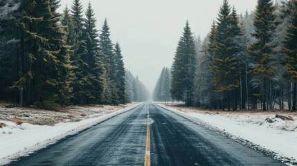 Poster -  a road in the middle of a forest with snow on the ground and trees on both sides of the road and a line of pine trees on the other side of the road.