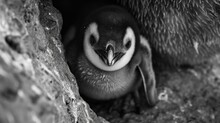  A Black And White Photo Of A Penguin Poking Its Head Out Of A Hole In A Rock Face To Face With Another Penguin On The Other Side Of The Rock.