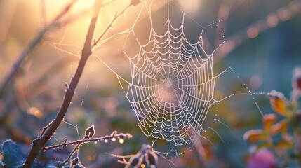 Wall Mural -  a close up of a spider web on a tree branch with the sun shining through the spider's web on the back of the spiderwebweb.